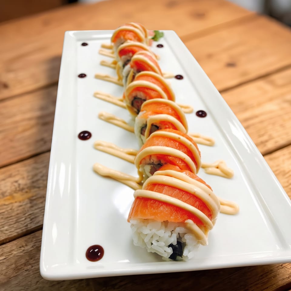 Salmon sushi rolls with a creamy sauce and soy sauce dots on a white rectangular plate.