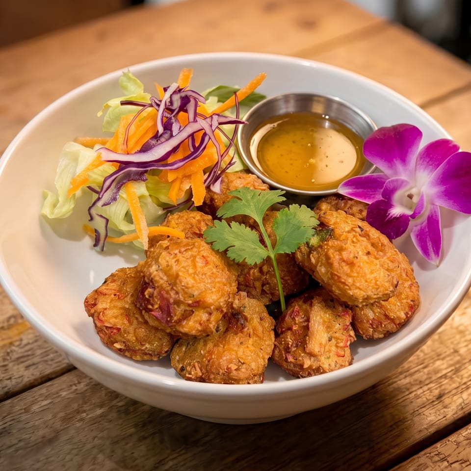Crispy fried shrimp cakes with a side salad, dipping sauce, and an orchid garnish.
