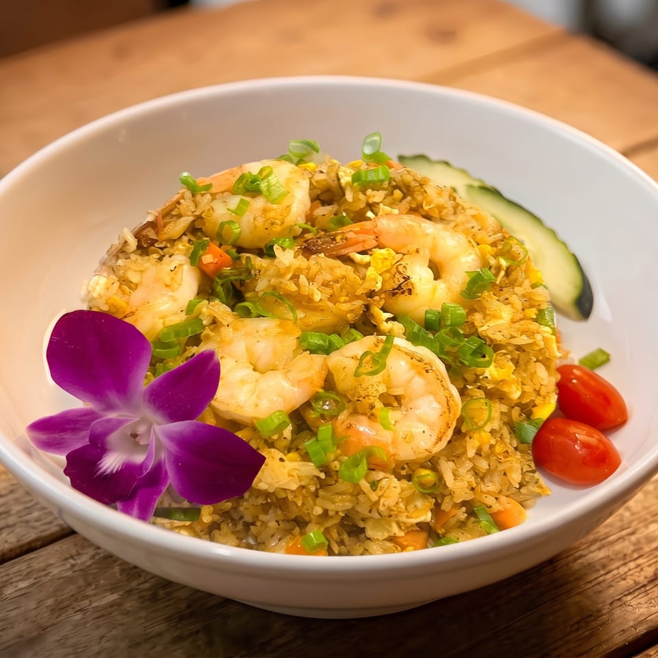 Shrimp fried rice with green onions, cherry tomatoes, cucumber, and a purple orchid garnish.