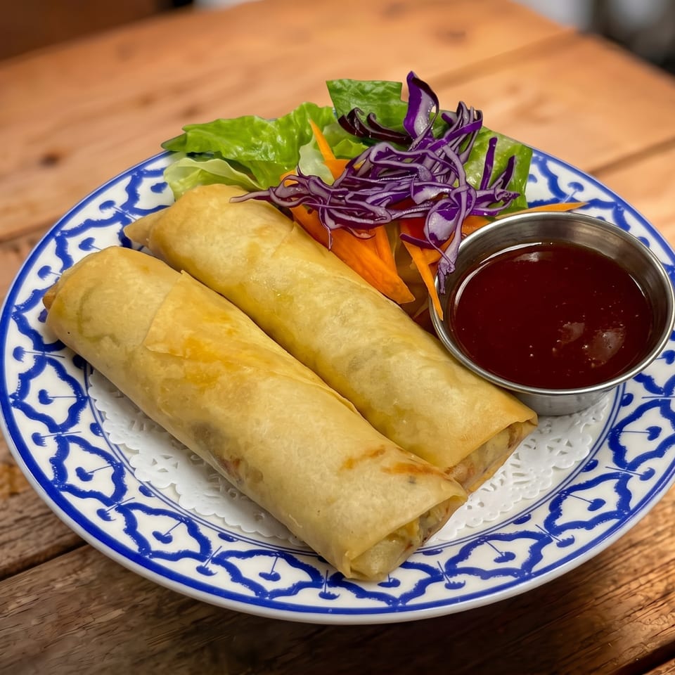 Two golden spring rolls with salad and dipping sauce on a blue and white patterned plate.