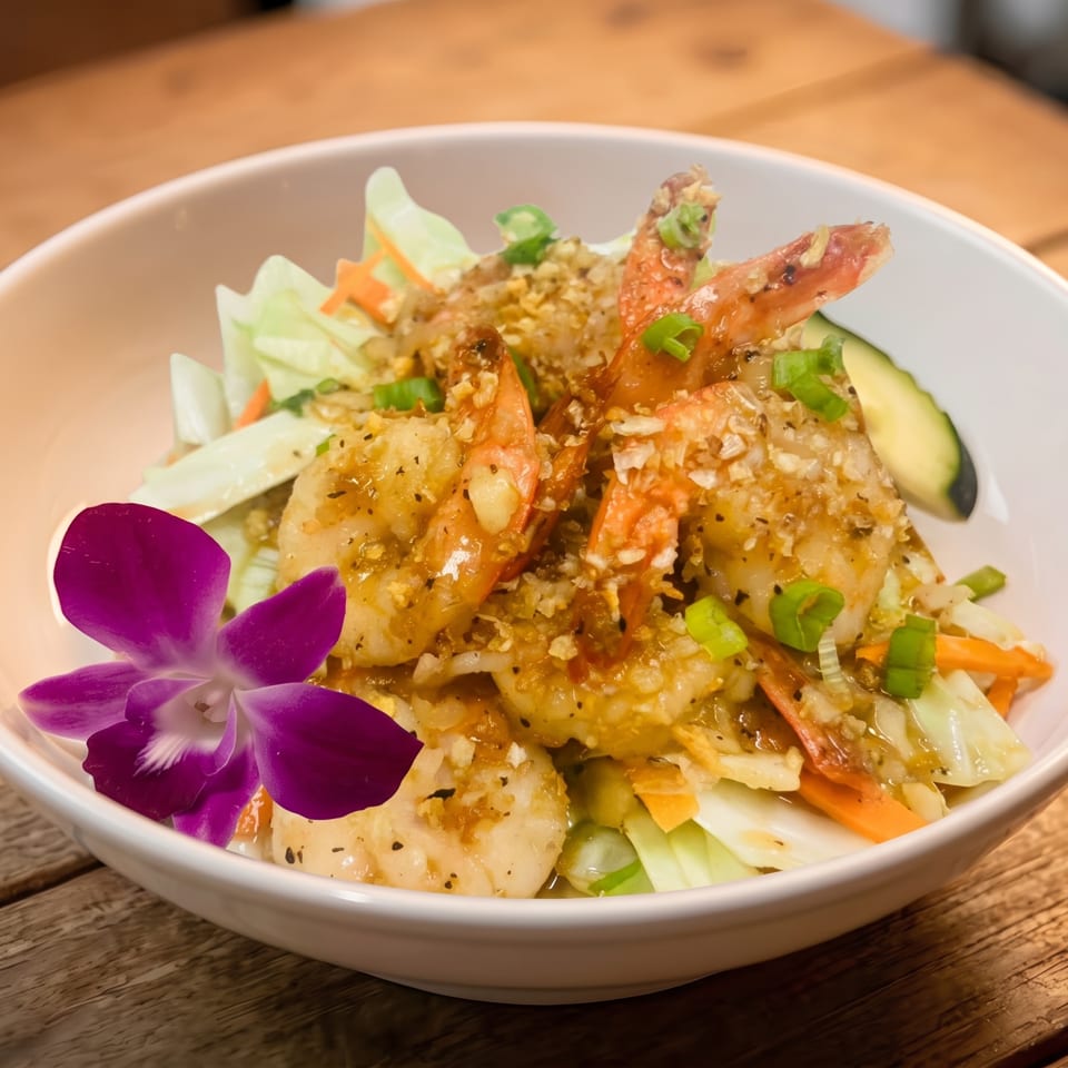 Garlic shrimp with vegetables and a purple orchid in a white bowl on a wooden table.